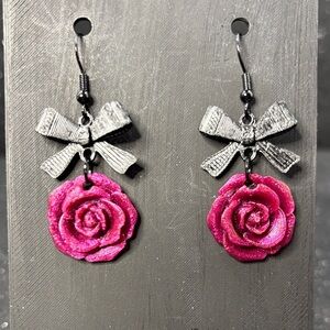 Pink Color Shift Rose and Black Bow Earrings